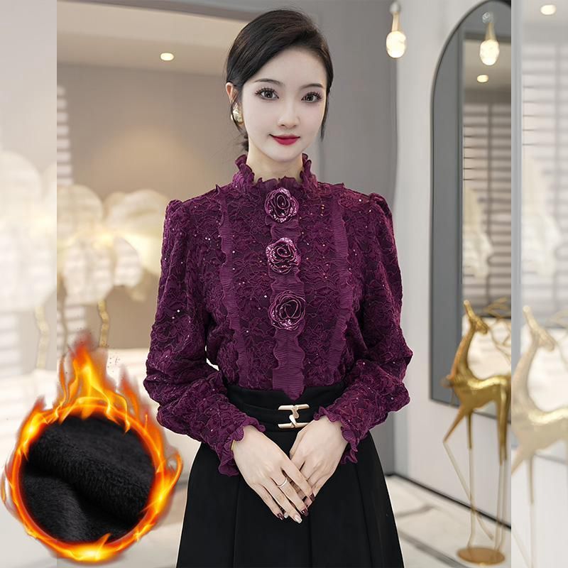 Stylish Shirts for Autumn and Winter, New High-End Velvet Inner Wear, Exquisite Heavy-Duty Lace Purple Tops