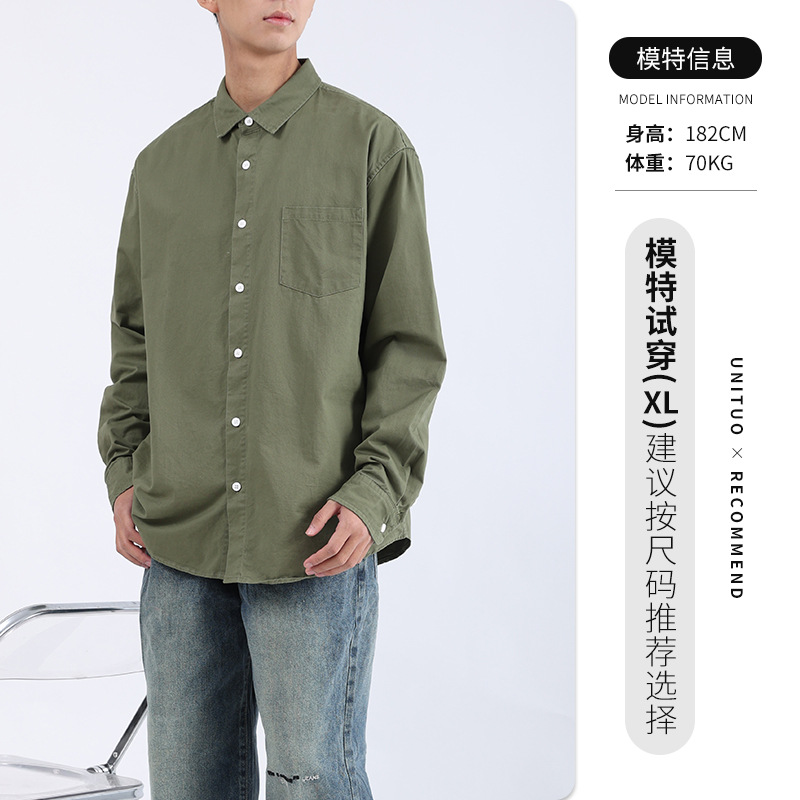 Hombres de otoño algodón camisa de manga larga abrigo relajado casual versátil de color sólido herramienta de bolsillo camisa de solapa de moda masculina