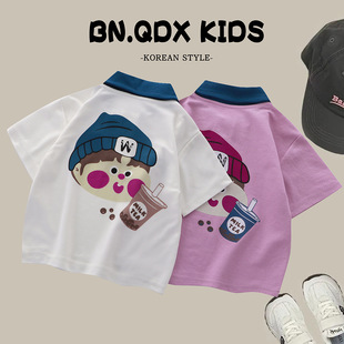 Children's Short-Sleeved T-Shirt Summer Lapel Polo Shirt for Boys and Girls Fashionable Cartoon Summer Top Half-Sleeved Kidsren's Clothing