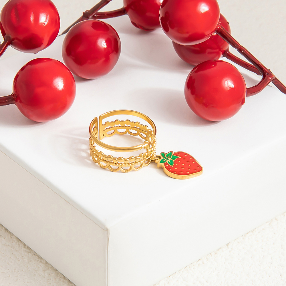 Holiday, Daily Occasion PVD Coated Real Gold Plated Cherry Heart Shape Eye 304 Stainless Steel Cute Waterproof Non Tarnish Charm Rings Open Rings