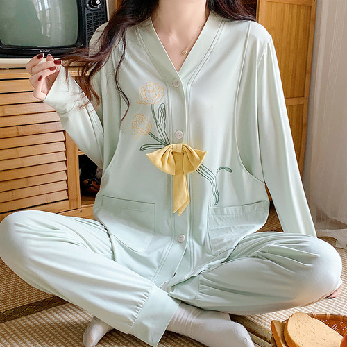 Thin Ice Silk Cotton Modal Confinement Clothes Maternity Prenatal and Postpartum Breastfeeding Pajamas Confinement Clothes Spring and Summer Set