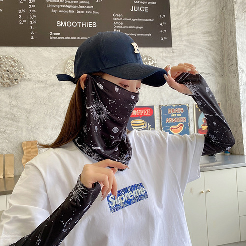Summer Sunscreen Cashew Flower Ice Silk Breathable Ice Sleeve Veil Two-piece Set Covering Full Face Neck Protector Women's Mask Ear-hanging Women
