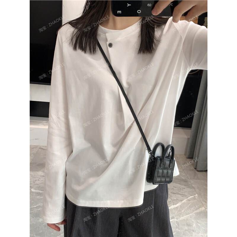 Spring is not too late ~ smooth liquid ammonia cotton button simple design feeling loose long sleeve white crew neck commuter Joker T-shirt