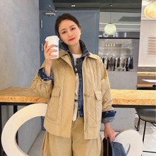 Maxweekend同款慵懒复古拼接翻领菱格女士夹克休闲棉服外套上衣