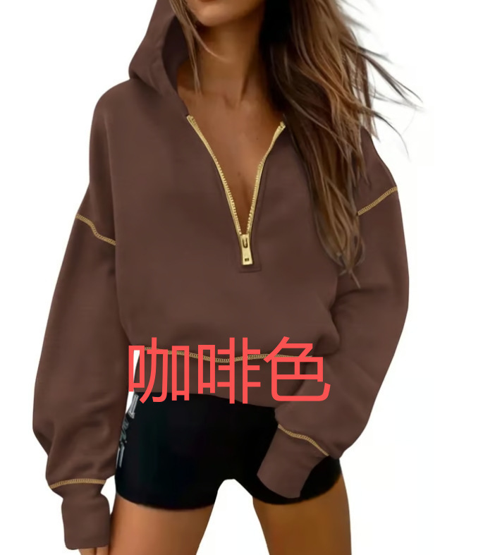 2025亚马逊新款女士连帽运动衫长袖半拉链短款卫衣女时尚休闲秋冬|undefined