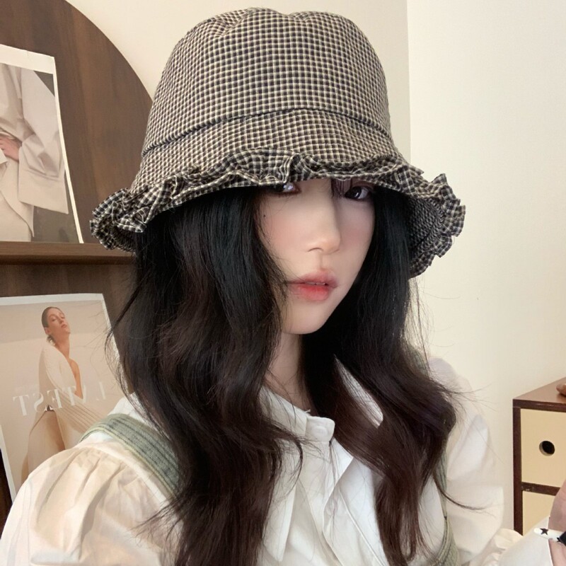 韩系复古优雅格子花边盆帽女秋天文艺百搭水桶帽素颜遮脸渔夫帽子|undefined