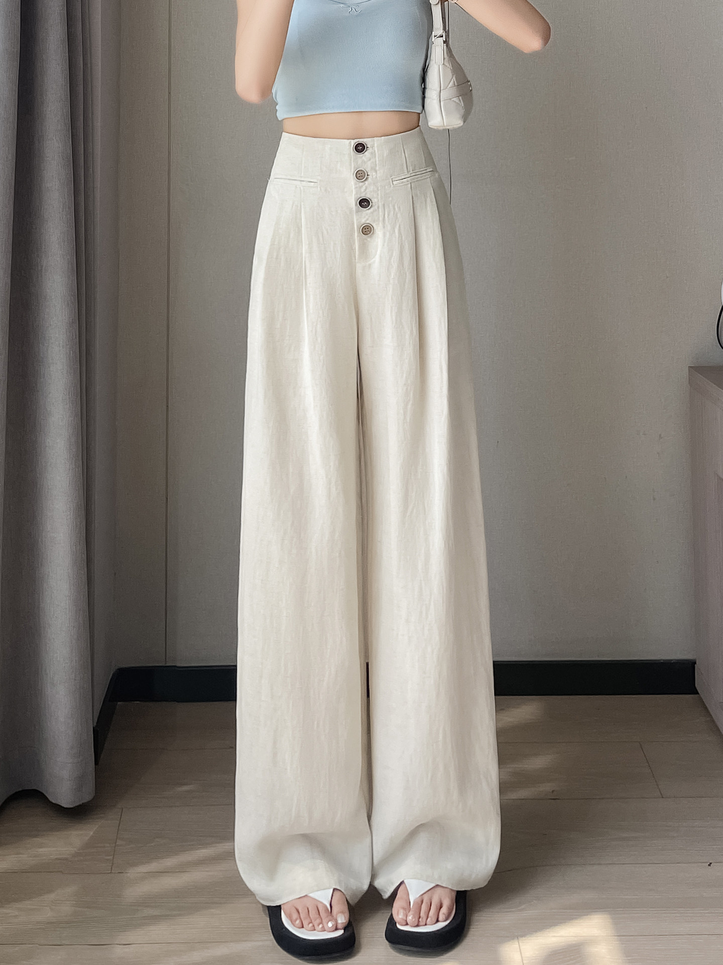 Quần tây nữ ống đứng cạp cao dáng suông vải linen phối khuy — Màu đen thông thường