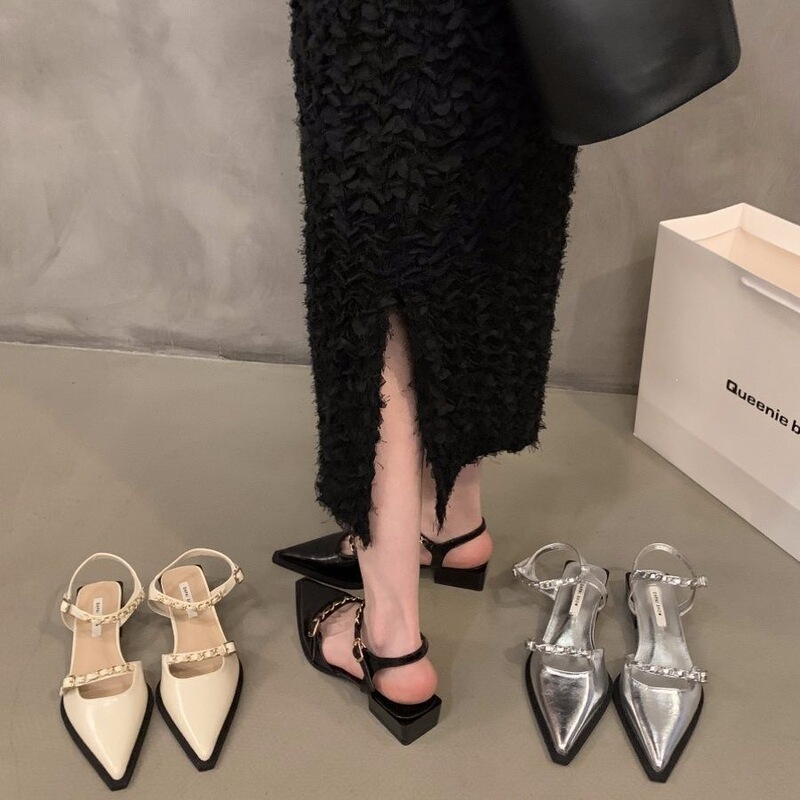Super stylish~ French-style exquisite closed-toe sandals for women, low-heeled, summer, elegant, fairy-style, pointed-toe, open-back shoes Super stylish~ French-style exquisite closed-toe sandals for women, low-heeled, summer, elegant, fairy-style, pointed-toe, open-back shoes
