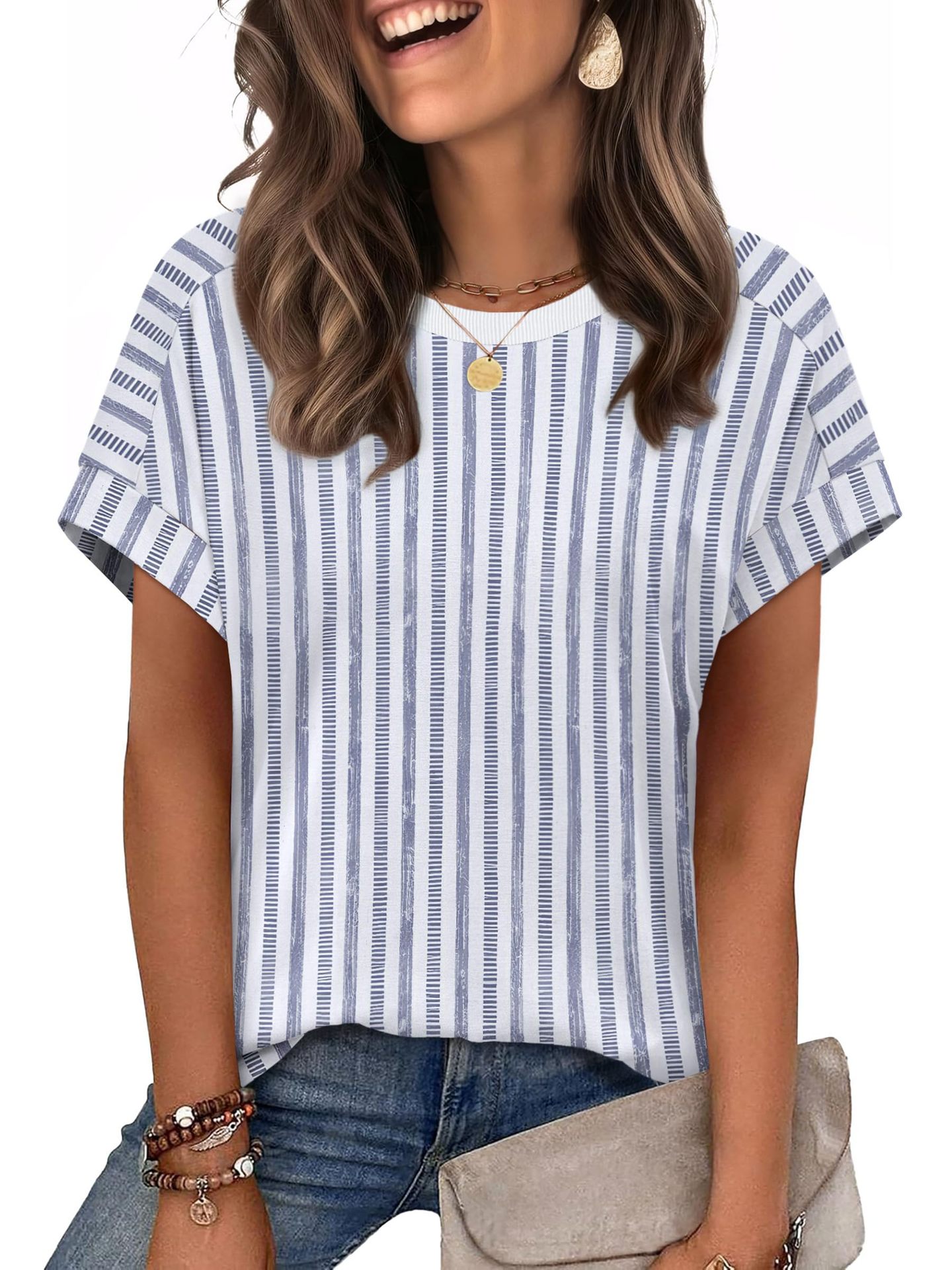 Summer New Women's Round Neck Casual Striped T-Shirt Short Sleeve Top American Style_ecoleips.com
