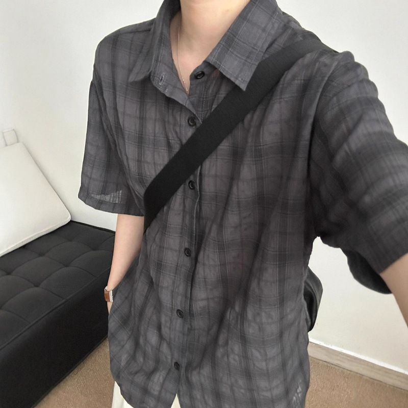 Dark Gray Plaid Short-Sleeved Shirt Men's Summer Thin Ice Silk Quick-Drying Cool Shirt Lapel Sun Protection Couple Jacket