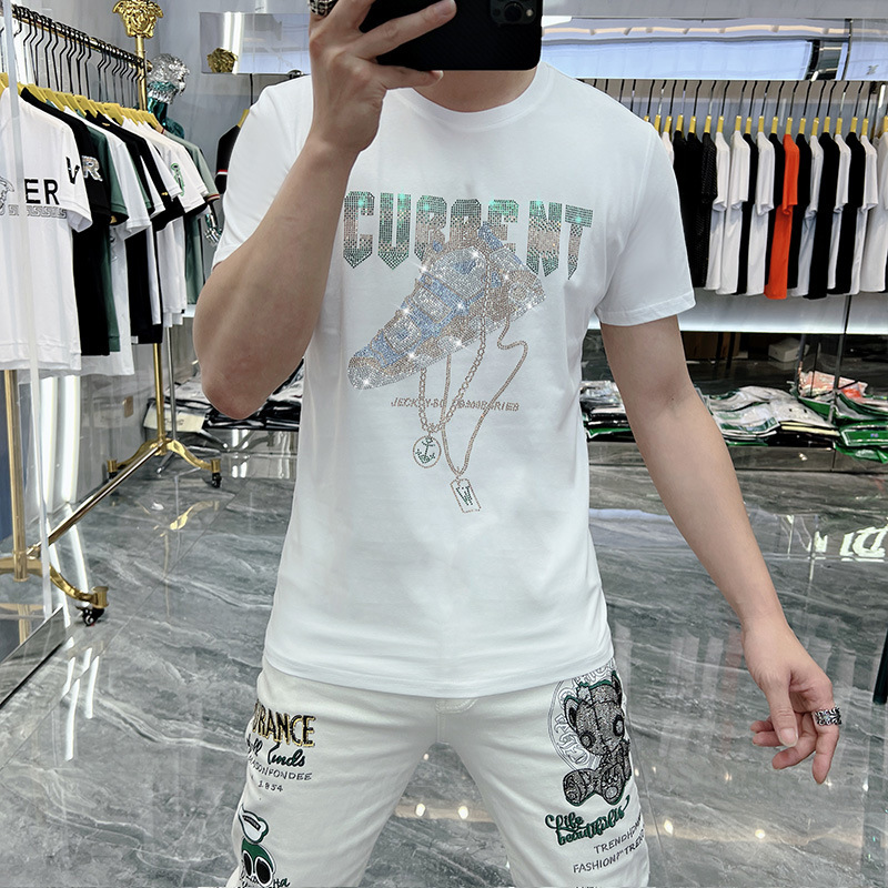 2023 Neue Sommer Ice Short Herren Trend Slim Fit Halbarm Mode Marke T-Shirt Schuhe Hot Diamond Seide Baumwolle_voghion.com