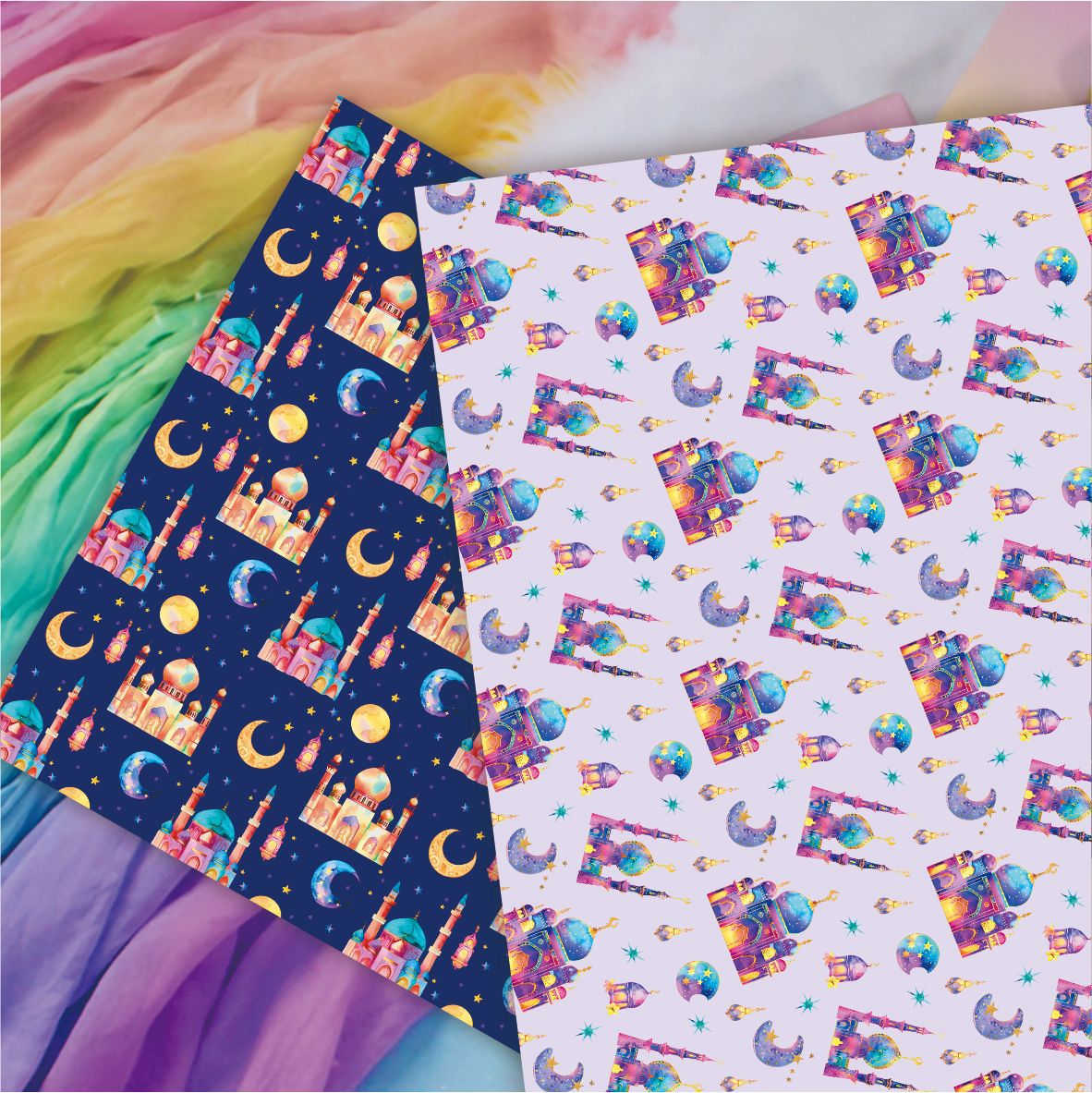 新款阿拉伯铜版礼物包装纸 渐变城堡月亮节礼品装饰礼品纸