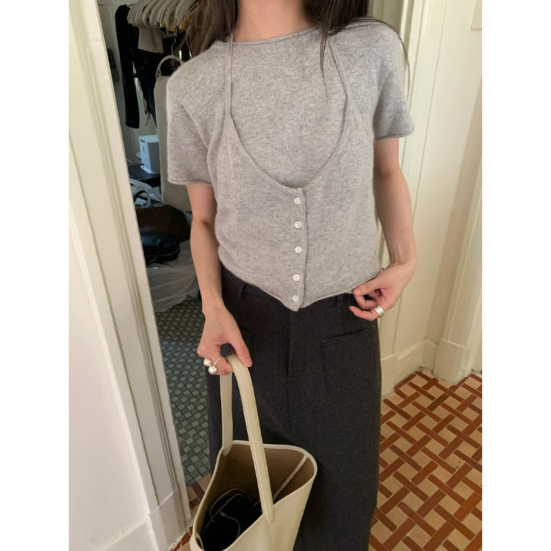 [Special Offer, Non-Refundable] Autumn New Design Short-Sleeved Knit Top + Halter Neck Vest Two-Piece Set W1134