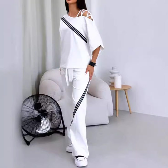 Cross-border New 2024 Autumn New Fashion Shoulder Loose Short-sleeved Sweat Casual Pants Two-piece Sports suit
