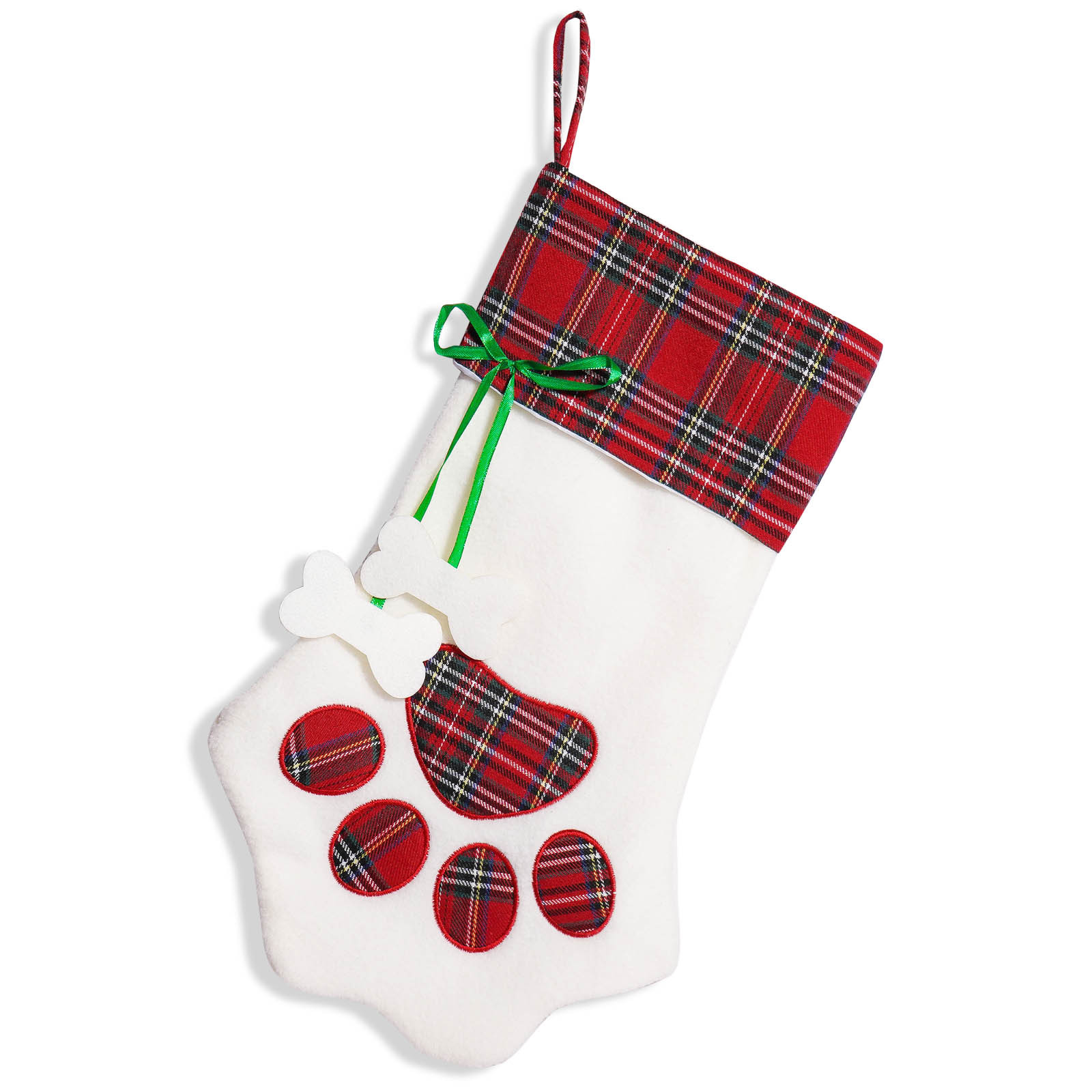 Fábrica en stock suministros de decoración navideña calcetines de Navidad bolsa de regalo pata de perro calcetines navideños calcetines de hueso de tela a cuadros