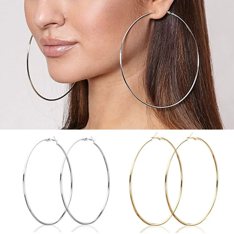 Сережки- hoops, глянцевая металлическая европейская стиль диаметром 3–10 см, золото или серебро