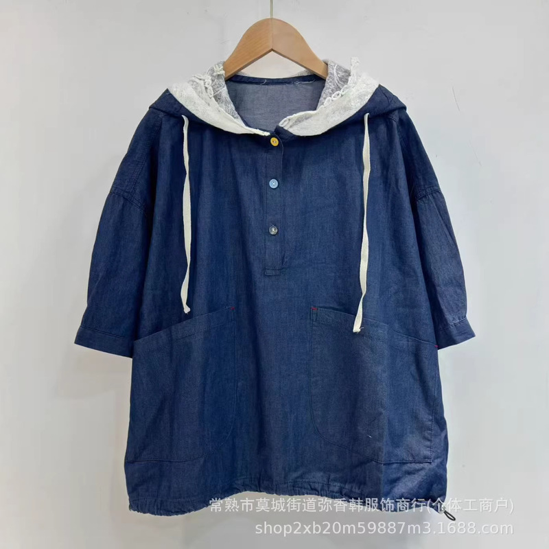 Vintage Lace Patchwork Hooded Denim Short Sleeve Shirt for Women, New Summer Loose-Fit Niche Top Vintage Lace Patchwork Hooded Denim Short Sleeve Shirt for Women, New Summer Loose-Fit Niche Top