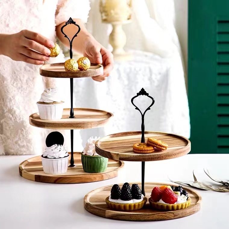 Acacia wooden tray double-layer fruit plate three-layer multi-layer candy cake dried fruit snack plate display plate dessert display stand