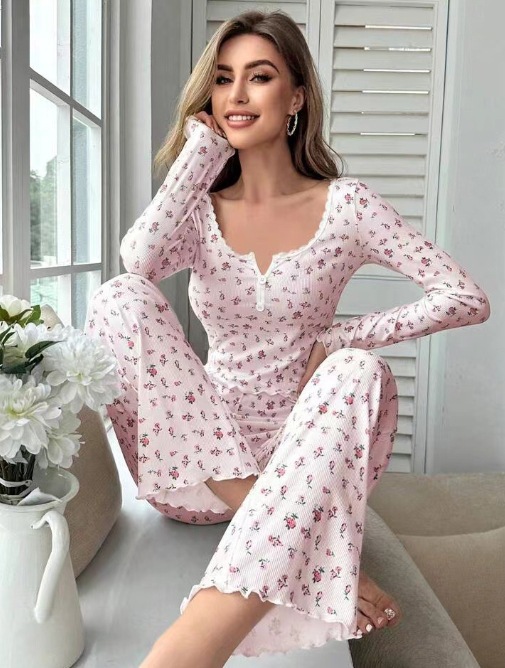 ChicShe Cross-Border European And American Long-Sleeve Collared Pajamas Small Floral Print Pea Vegetable Rolled Hem Long_voghion.com