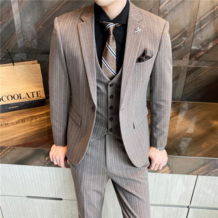 Foreign Trade Men's Large Size Suit Business Casual Three-Piece Korean Style Striped One-Button Men's Suit Brown