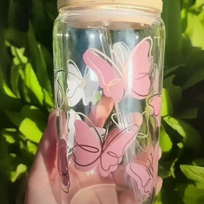 跨境现货印花可乐杯蝴蝶印花水杯高硼硅玻璃杯粉色磨砂可乐杯批发|undefined