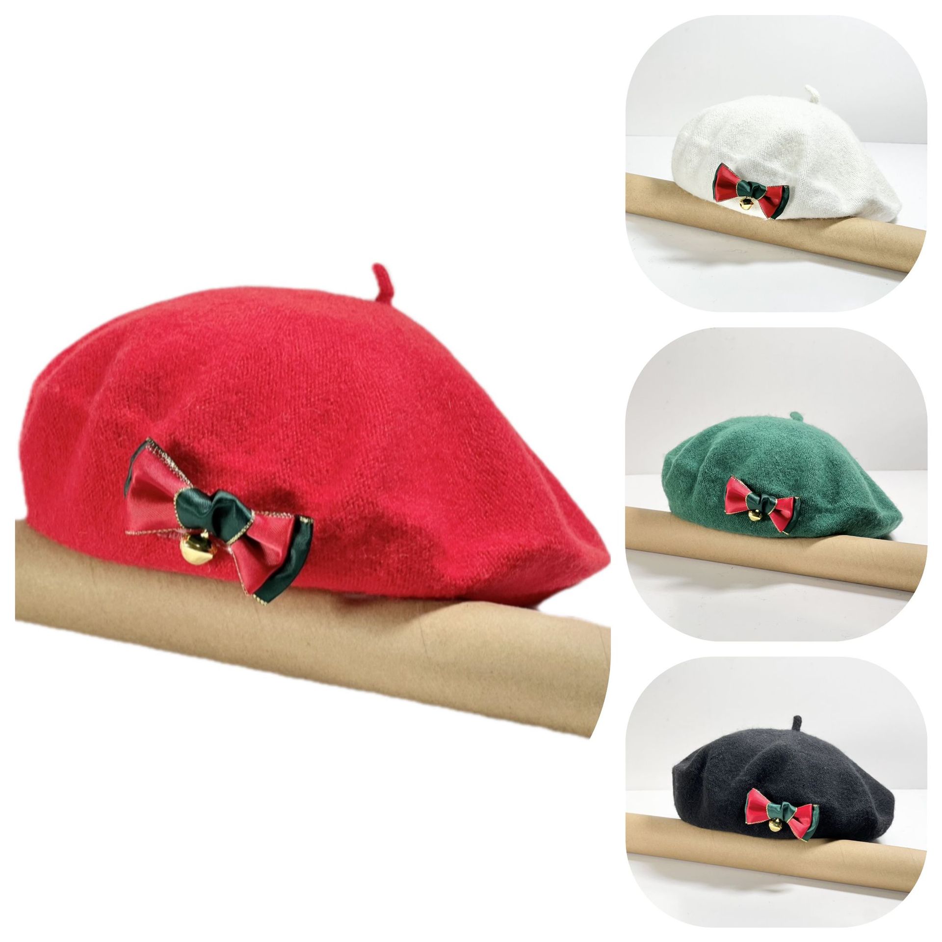 圣诞亲子款儿童贝雷帽子铃铛造型羊毛复古英伦秋冬季毛呢画家帽子
