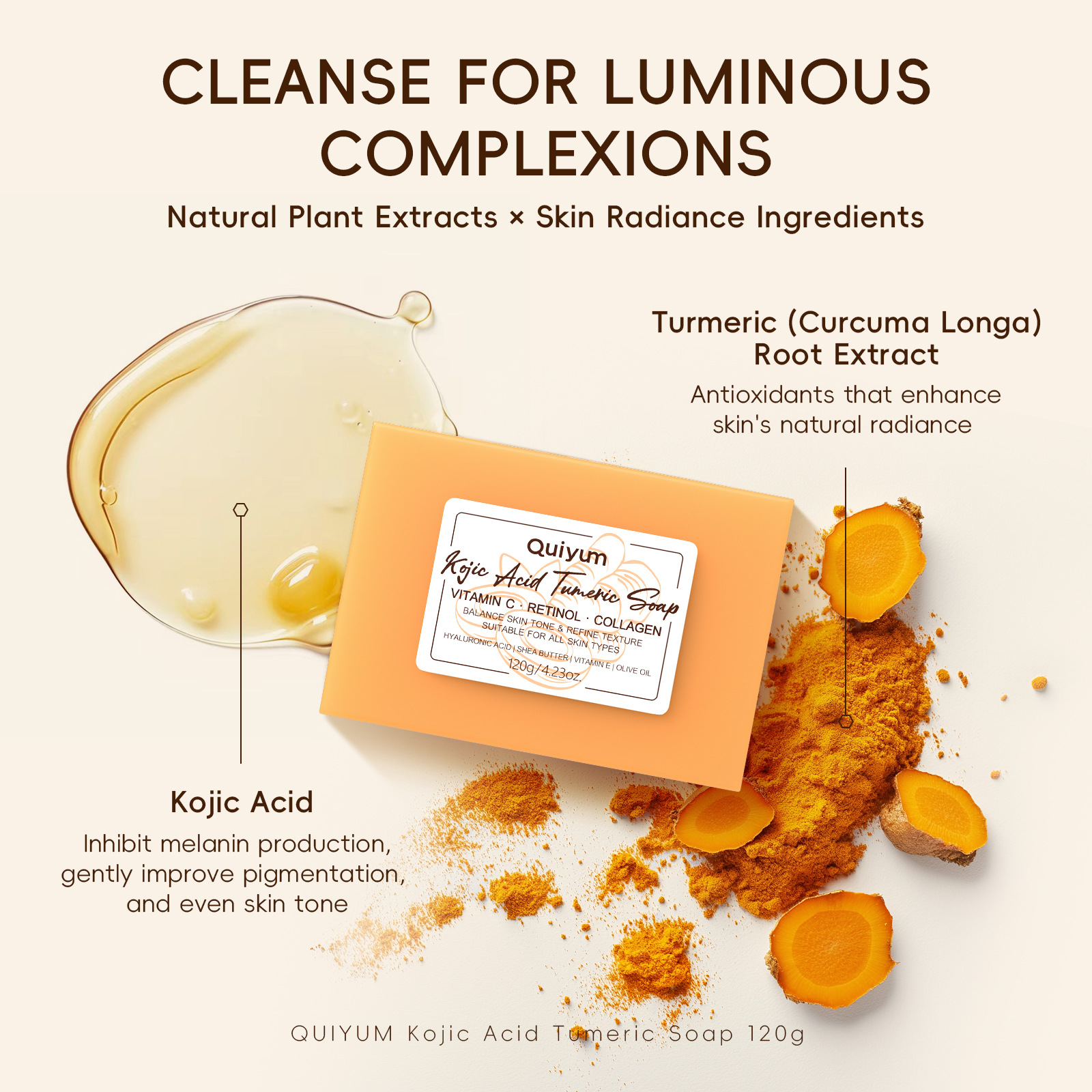 Cross-border full English version QUIYUM Curcumic acid Cleaning Handmade Soap 120g Soap Essential oil soap manufacturer wholesale undefined
