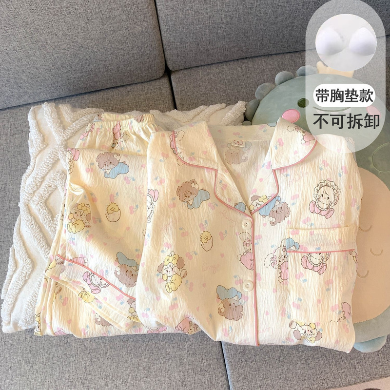 带胸垫黑灰色KT猫睡衣女款春秋季纯棉纱布长袖可爱学生少女家居服|undefined