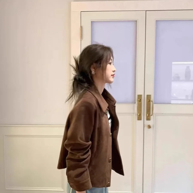 咖色鹿皮绒外套女短款2025春秋款韩系宽松休闲复古小个子夹克上衣|undefined