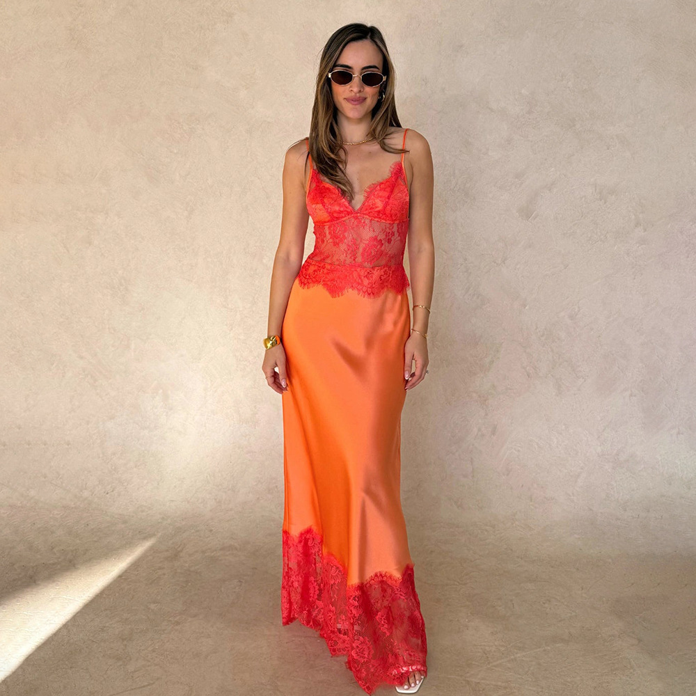 Europa y América primavera y verano nuevo temperamento de moda profundo V-collar transparente vestido de espalda abierta esbelta sexy encaje vestido largo