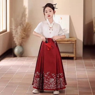 Short-sleeved Horse-faced Skirt for Girls suit 2024 New High-end Children's Hanfu National Style Little Girl's Antique Tang Suit Summer