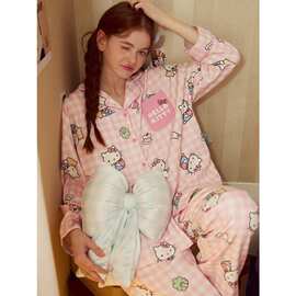 外贸欧美亚马逊爆款KT猫睡衣女开衫长袖长裤甜美套装家居服两件套