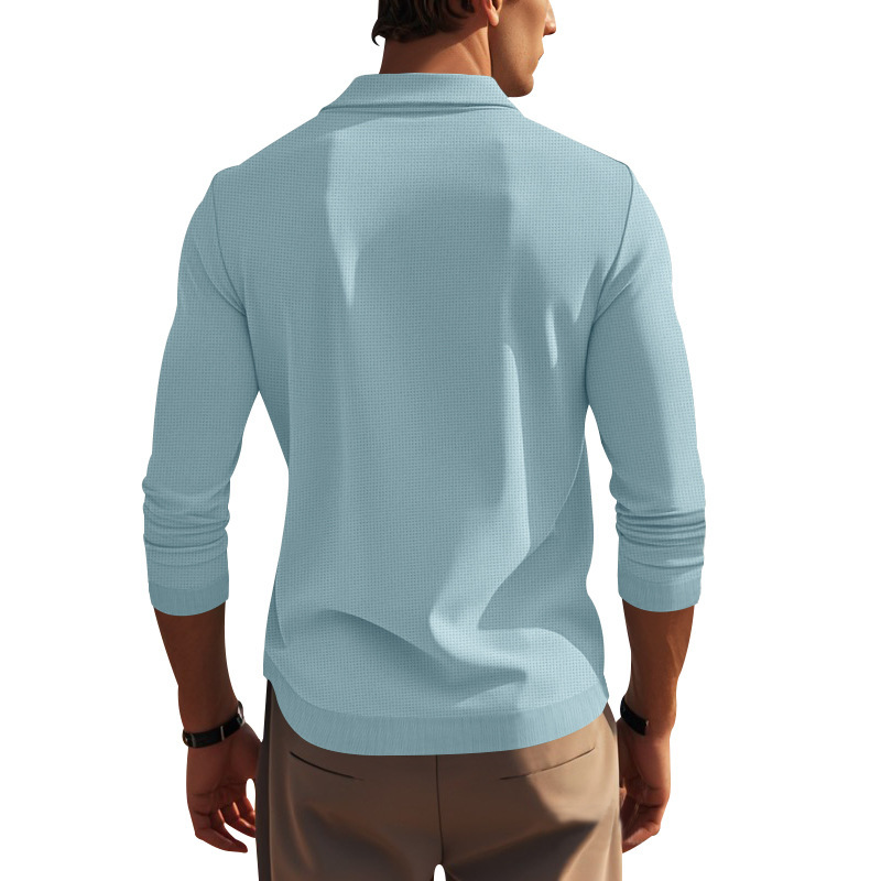 Podzimní a zimní americké pánské tričko s dlouhým rukávem, tenký střih, vaflový styl, slim fit, klopový pletený svetr pro muže_voghion.com