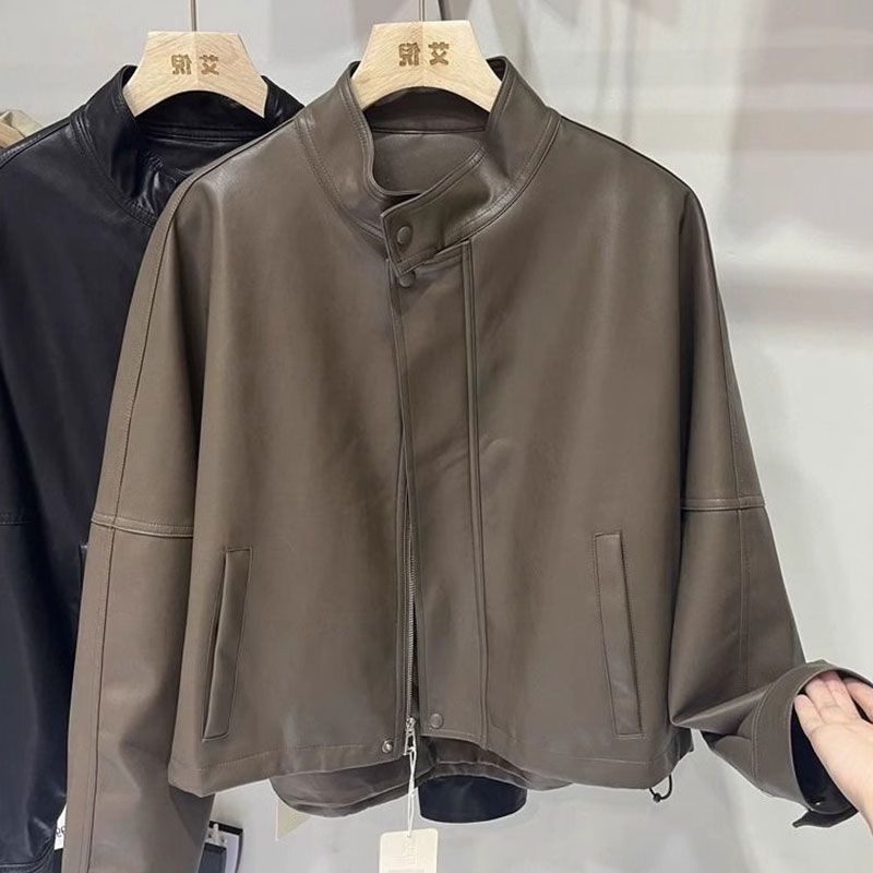 Plus Size New Style Stand Collar Loose Short Jacket for Women 2025 Autumn Fashion Versatile Stylish Leather Jacket