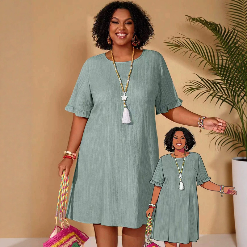 2026 Amazon Cross-Border Tiktok Exclusive Short-Sleeve Ruffled Cuff Round Neck Loose Fit T-Shirt Dress 2026 Amazon Cross-Border Tiktok Exclusive Short-Sleeve Ruffled Cuff Round Neck Loose Fit T-Shirt Dress