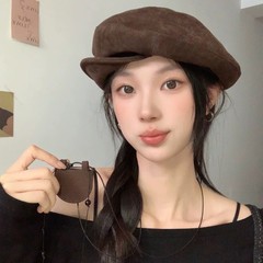 秋冬氛围感韩系麂皮绒英伦八角帽秋冬复古绒面显脸小报童帽画家帽