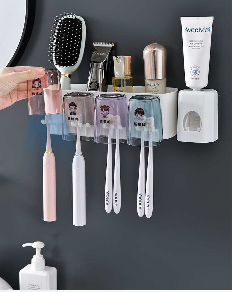 创意壁挂牙刷架置物架吸卫生间牙刷盒牙膏挤压器免打孔牙刷架批发详情7