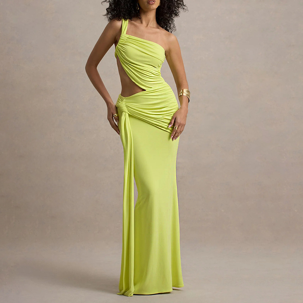 2025 europeo y americano verano transfronterizo sexy vestido de tubo halter de un solo hombro falda larga plisada con cordones de color sólido de moda image 9