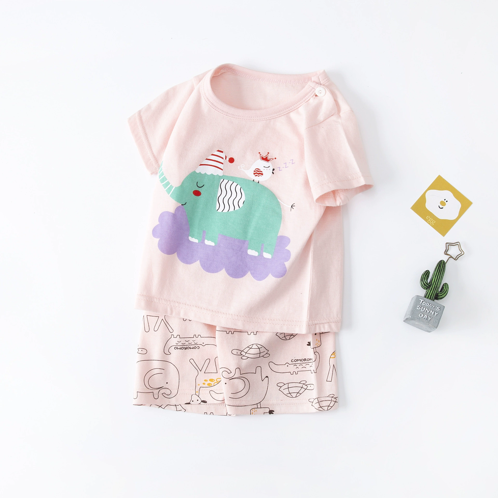 Children's Cotton Short-Sleeve Pajama Set, T-Shirt & Shorts, Cute Prints, Sizes 73–130 cm