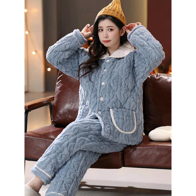 Pajamas for Women Winter Flannel Three-layer Thickeneded Quilted Jacket Coral Velvet Lapel Super Warm Can Be Worn Outside Home Clothes