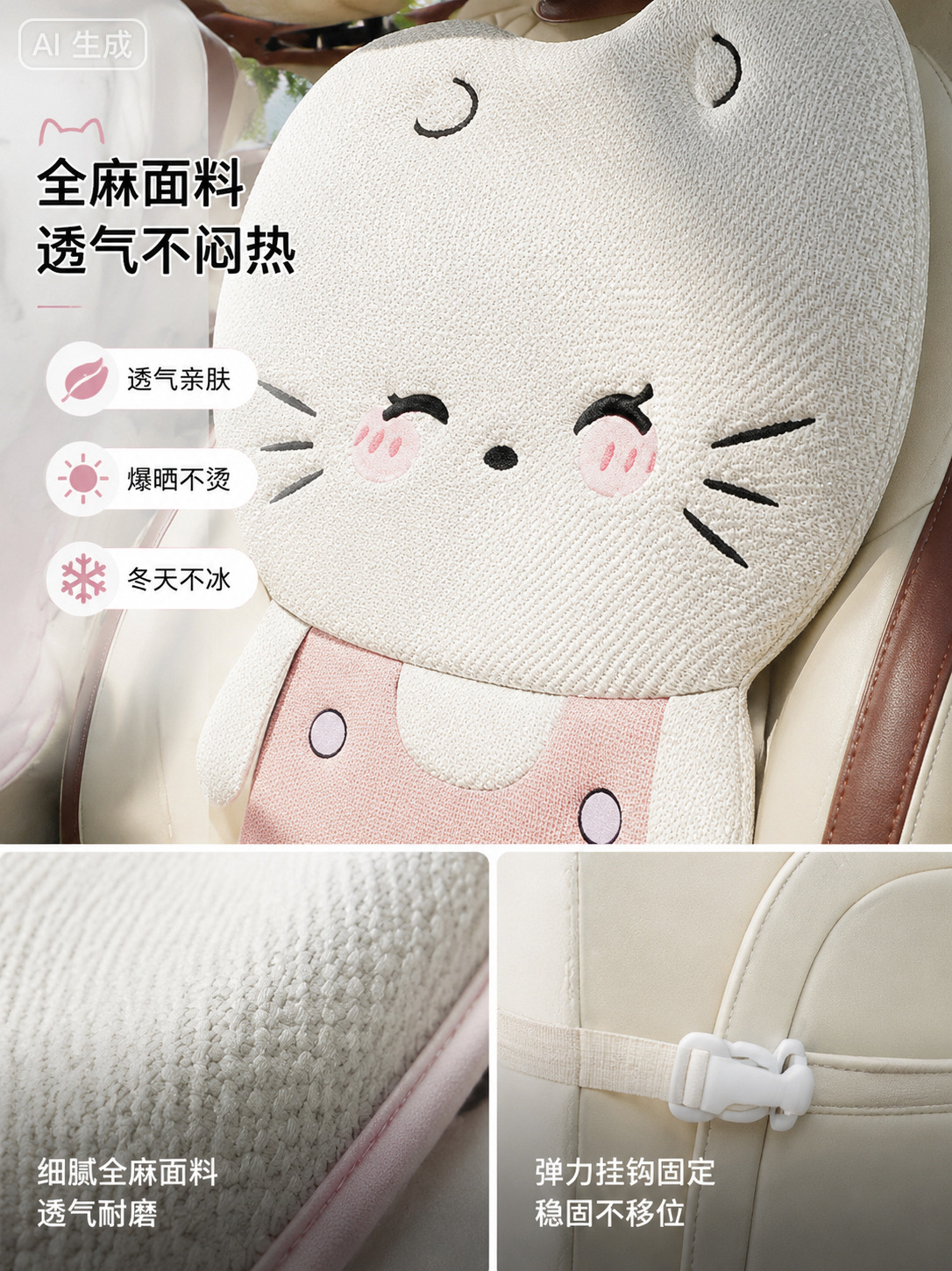 26 new cute cat car seat cushions, suitable for all seasons, breathable linen, half-cover cartoon style for women, suitable for summer