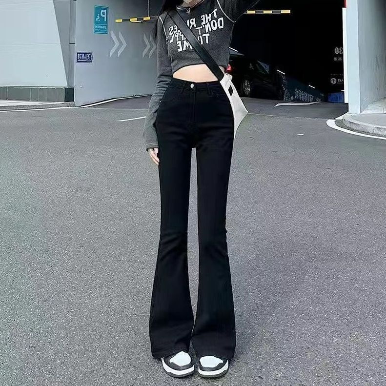 Retro Korean-Style Black Flared Jeans for Women, High-Waisted, Stretchy, Slim-Fit, Flattering, Floor-Length Bell-Bottoms for Tall Individuals