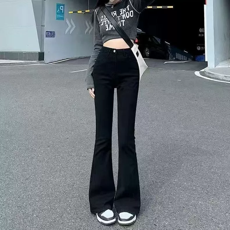 复古韩版黑色微喇牛仔裤女四季高腰弹力修身显瘦高个子拖地喇叭裤