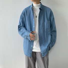 春秋季新款复古水洗牛仔衬衫男长袖宽松外穿休闲衬衣外套韩版潮流