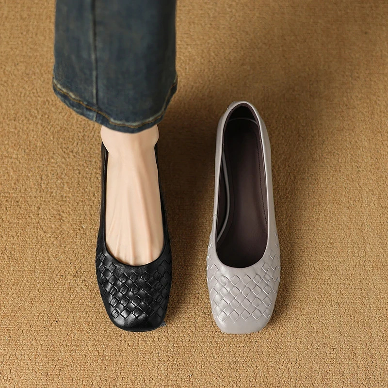 3Cm/Soft Leather French Braided Shallow Mouth Flats Square Toe Beanie Shoes Medium Heel Soft Sole Women's Shoes Thick Heel Commuter Mom's Shoes
