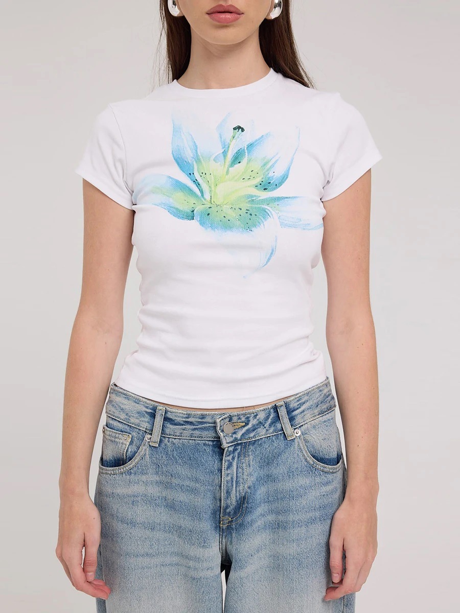Abbigliamento da donna Streetwear Y2K T-shirt con stampa floreale da donna, scollo tondo, manica corta, vestibilità slim, maglietta per bambini, casual, quotidiano, top corto_voghion.com