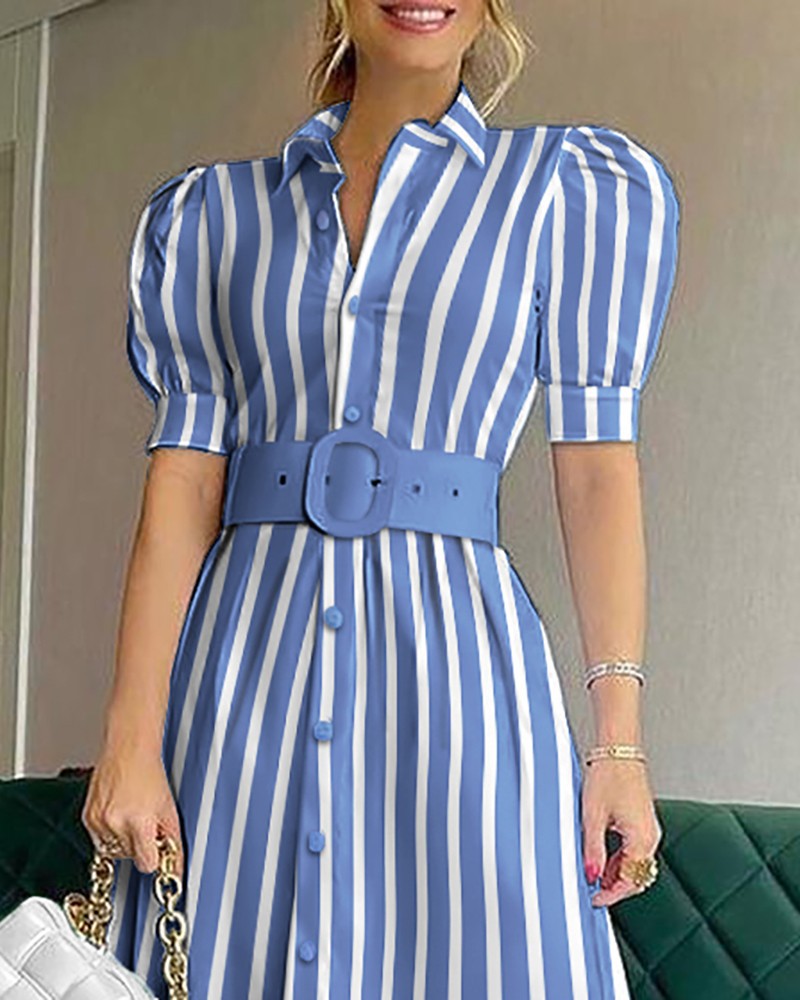 Women's Swing Dress Elegant Turndown Short Sleeve Stripe Solid Color Maxi Long Dress Daily display picture 9