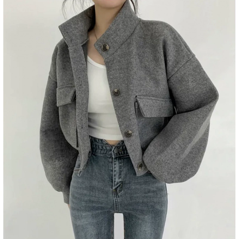 Демисезонная ретро короткая шерстяная куртка,Oversize длинно рукав Casual Coat, женская