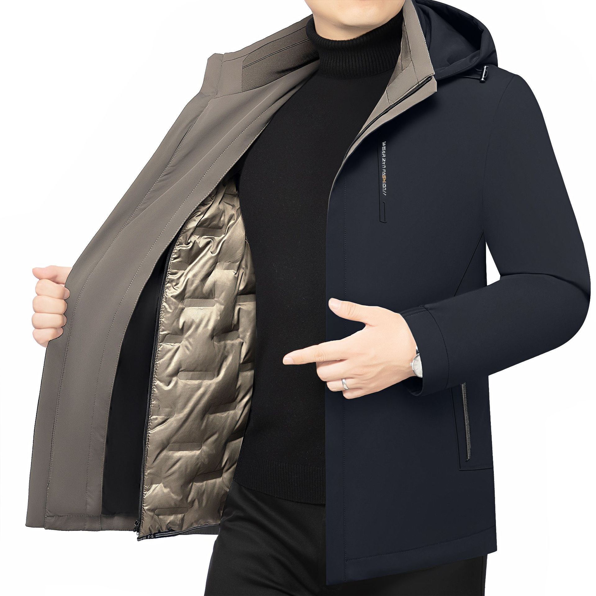 2025 New Winter Fashion Casual Hooded Jacket Men's Thickeneded Warm Windproof Removable Liner down Jacket