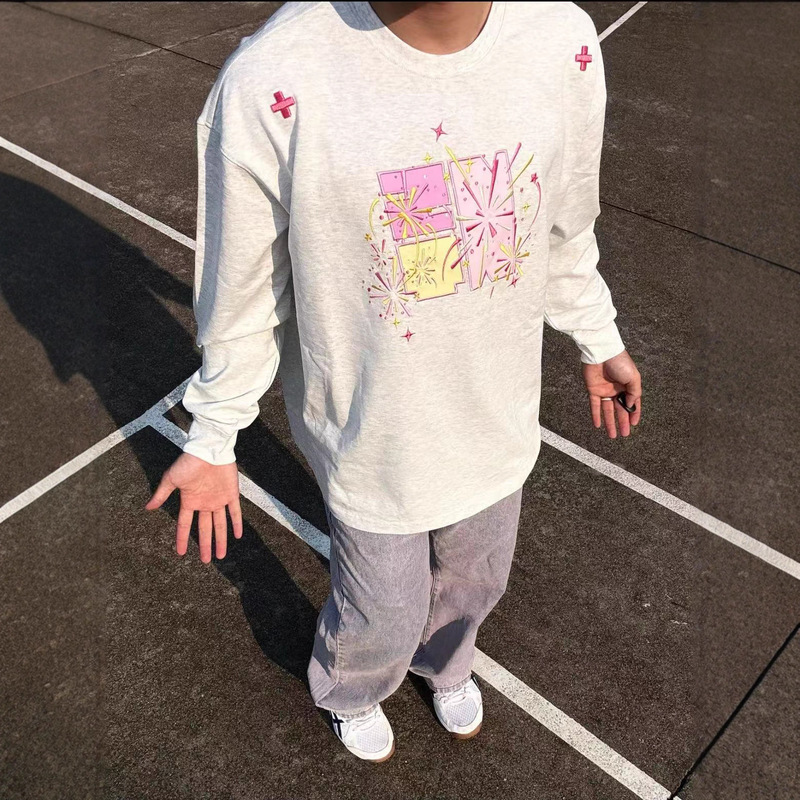 烟花贴布刺绣白灰长袖t恤男女早秋美式高街宽松情侣纯棉打底上衣|undefined